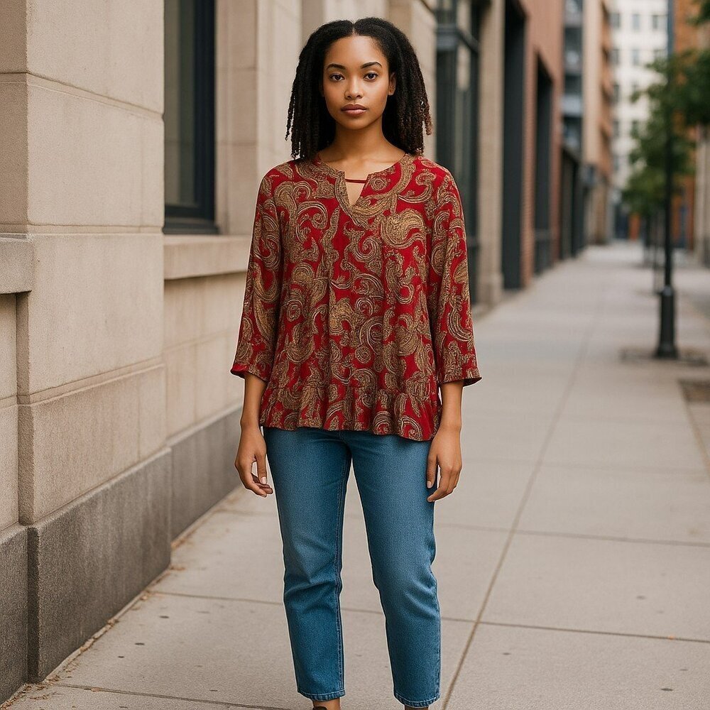 Umgee Womens Medium Red Paisley Long Bell Sleeve V Neck Tunic Top Shirt Blouse M